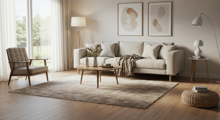 Sala de estar minimalista com sofá bege, tapete claro e iluminação natural através de janelas grandes.