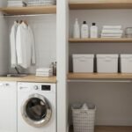 Lavanderia pequena e moderna organizada com armários brancos, máquina de lavar, prateleiras de madeira com caixas organizadoras, toalhas dobradas, produtos de limpeza e uma planta decorativa.