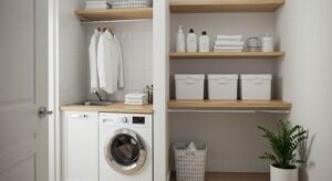 Lavanderia pequena e moderna organizada com armários brancos, máquina de lavar, prateleiras de madeira com caixas organizadoras, toalhas dobradas, produtos de limpeza e uma planta decorativa.