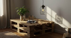 Mesa de centro feita com pallets, vaso reciclado com planta e pendente de vidro iluminado em sala aconchegante com luz natural