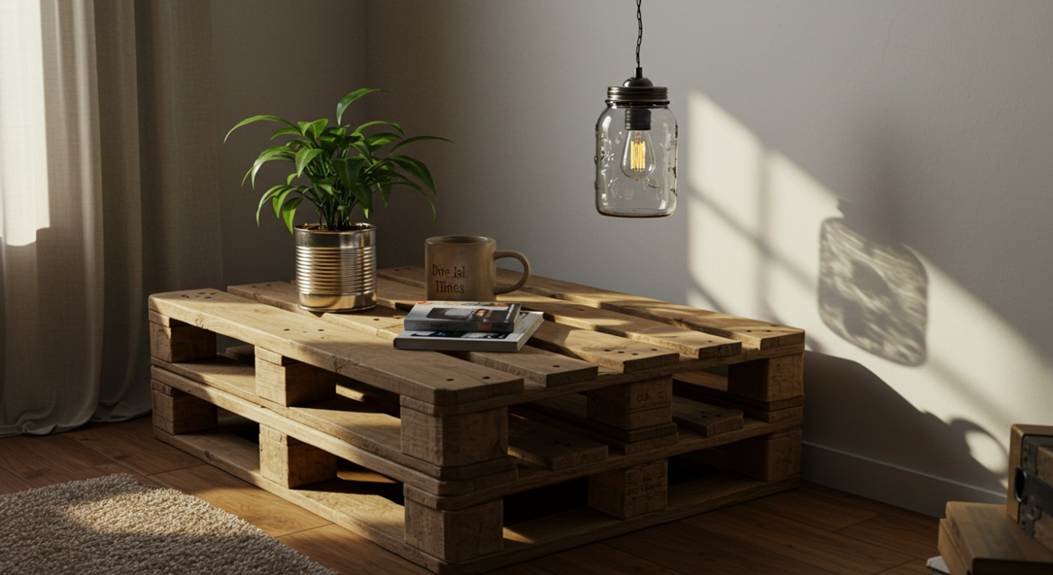 Mesa de centro feita com pallets, vaso reciclado com planta e pendente de vidro iluminado em sala aconchegante com luz natural