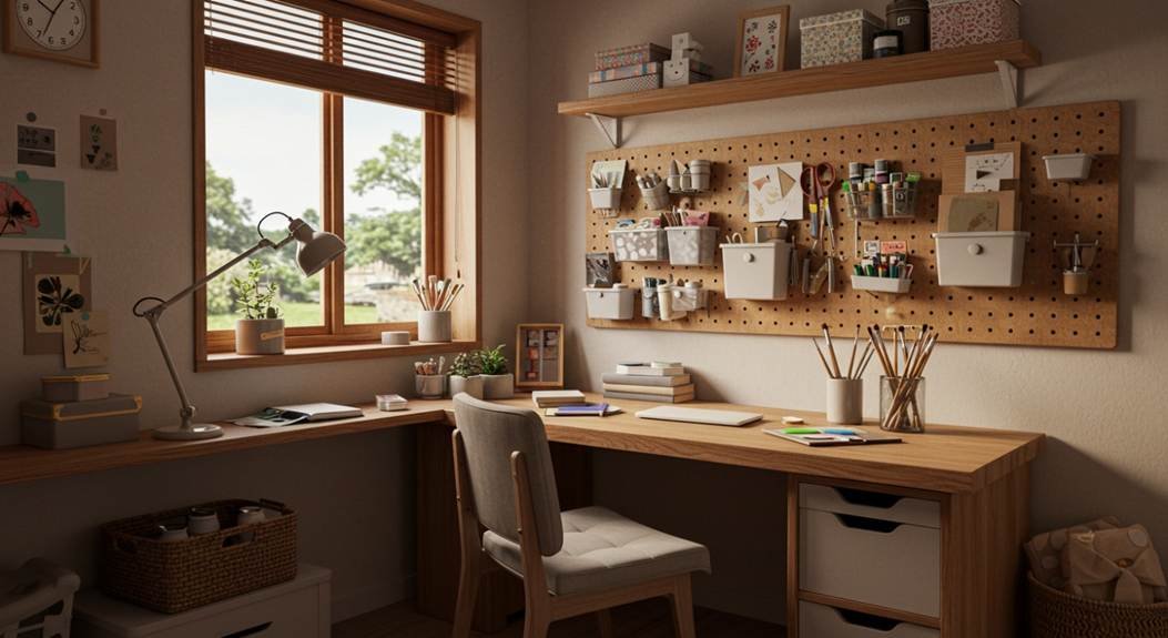 Espaço de trabalho doméstico bem iluminado com mesa em L de madeira, cadeira estofada, janela com vista externa arborizada e painel de pegboard na parede com materiais de papelaria e organização criativa.