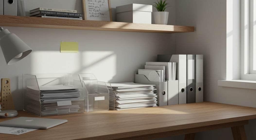 Mesa de home office organizada com documentos em pastas e bandejas, prateleira com caixas e luz natural entrando pela janela