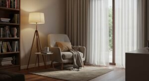 Sala de estar com decoração aconchegante, poltrona bege, luminária de chão, estante de livros e cortinas claras.
