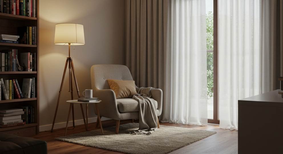 Sala de estar com decoração aconchegante, poltrona bege, luminária de chão, estante de livros e cortinas claras.