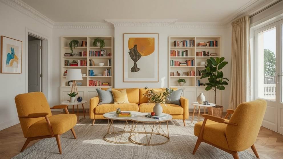 Sala de estar moderna e elegante com sofá amarelo, poltronas de design escandinavo, estantes com livros coloridos, cortinas claras e uma obra de arte abstrata. O ambiente bem iluminado e decorado transmite conforto e sofisticação.
