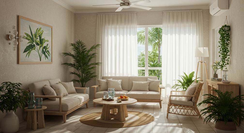 Sala de estar clara e arejada com móveis de madeira, plantas decorativas e luz natural entrando pela janela